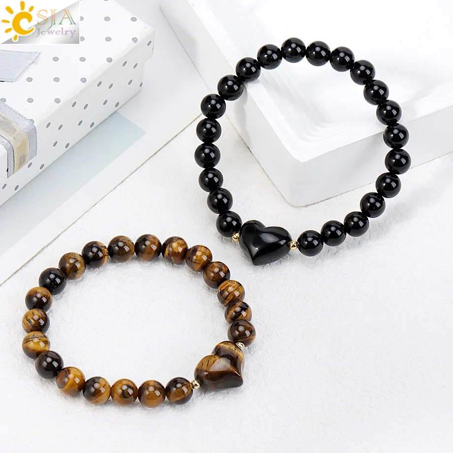 Brazalete CSJA con forma de corazón de cristal, pulseras de piedra Natural de 8mm, pulsera de cuentas de cristal blanco amatista para mujer, joyería para amantes H812