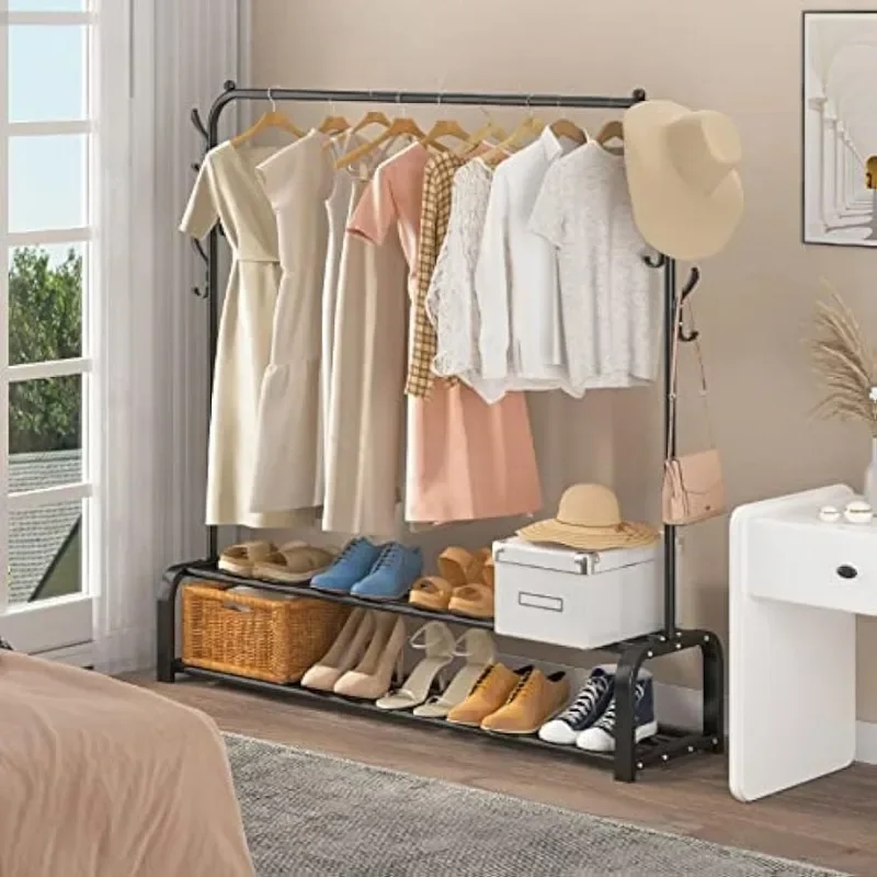 Rack Free-Standing Clothes Rack with Top Rod,Lower Storage and 6 Hooks,Black