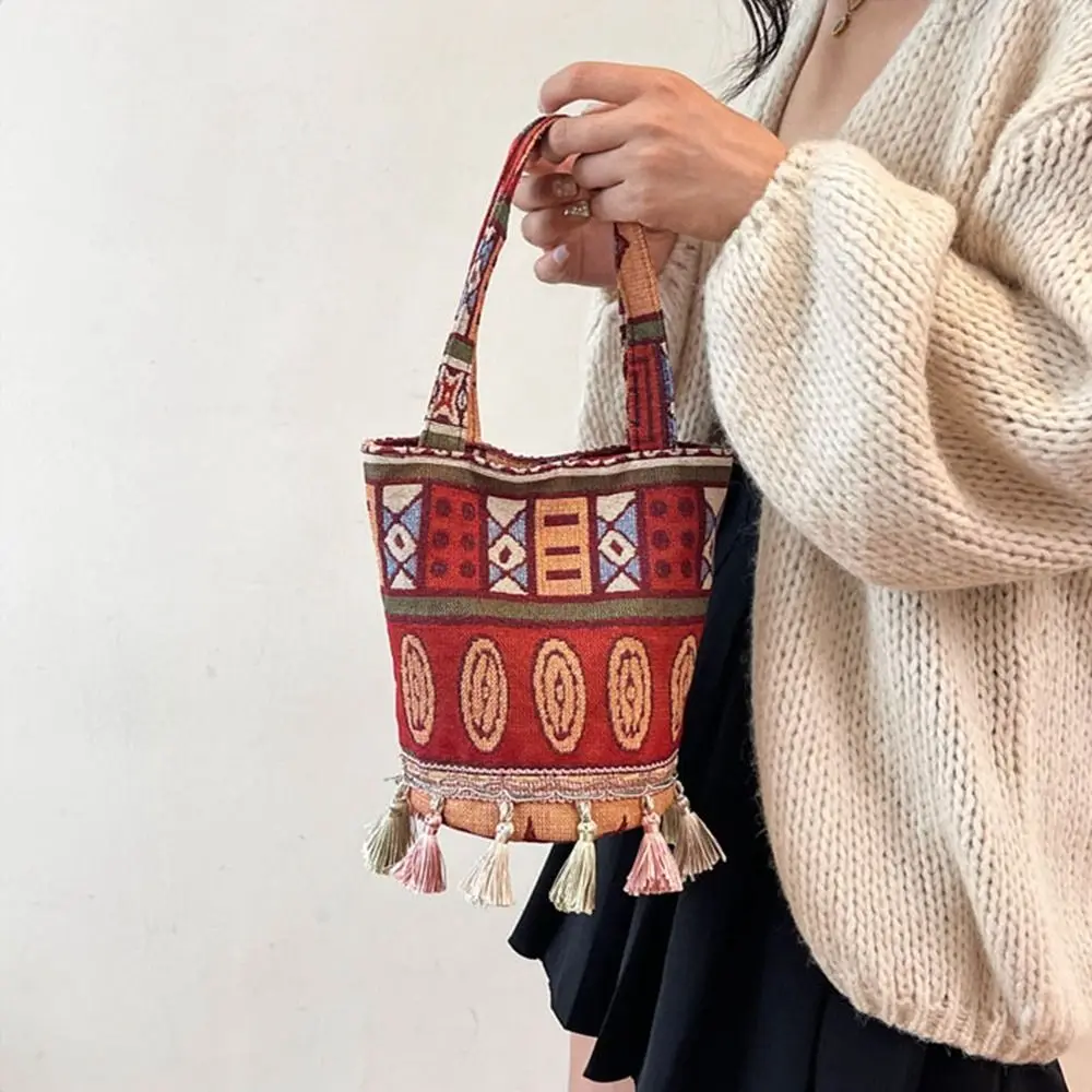 

Vintage Handbag Ethnic Style Canvas Bag Large Capacity Tote Bag Tassel Cloth Bag Geometric Bohemian Bucket Bag Girls