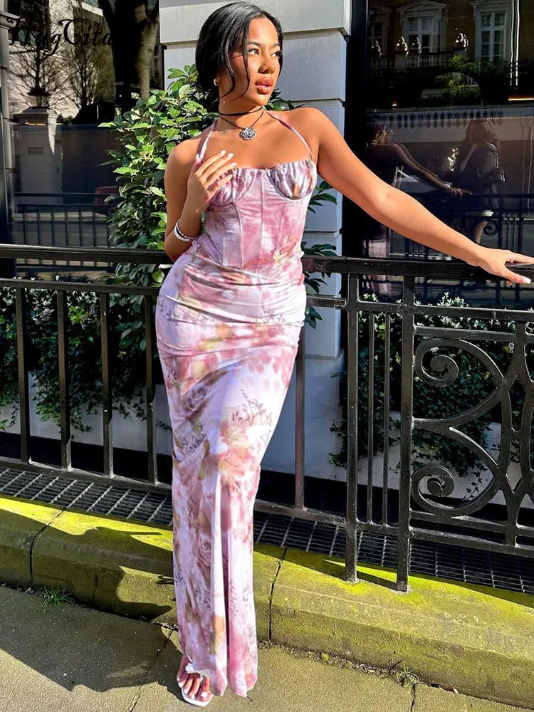 Hugcitar-Robe Longue Élégante à Imprimé Floral pour Femme, Dos aux, Froncée, à Lacets, Fente Latérale, Sexy, Slim, Tenue d'Été, Vacances d'Anniversaire