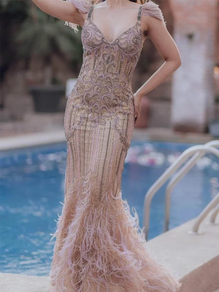 Vestidos de Noche formales de sirena con plumas y cuentas de lentejuelas con cuello en V de lujo vestidos de fiesta de cumpleaños personalizados