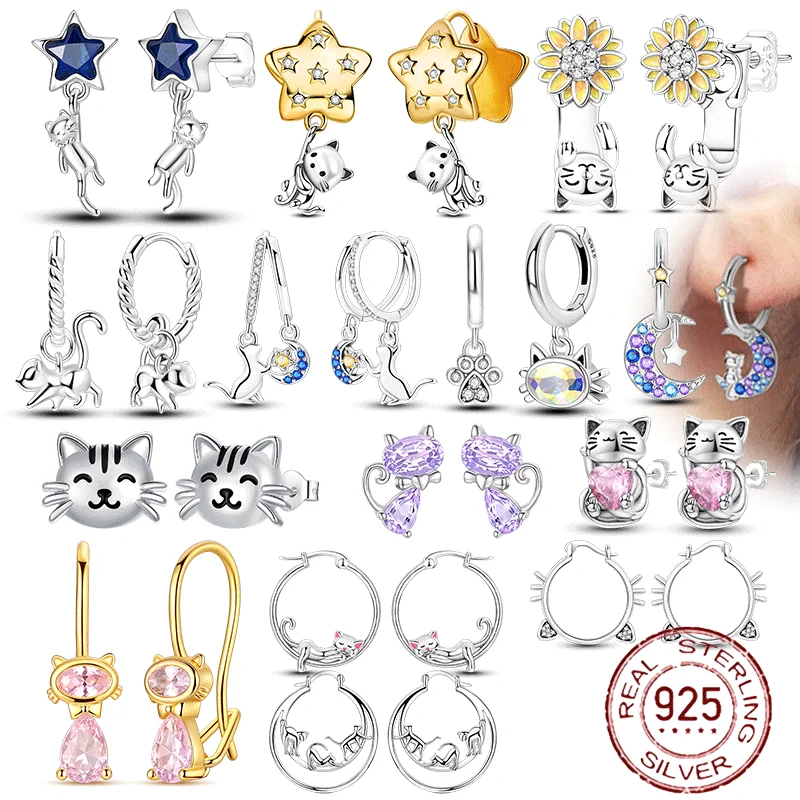 

Hoop Earring 925 Silver Woman Earring Pet Cat Theme Earrings Pendientes Animal for Woman Original Earring Fashion Jewelry Gift