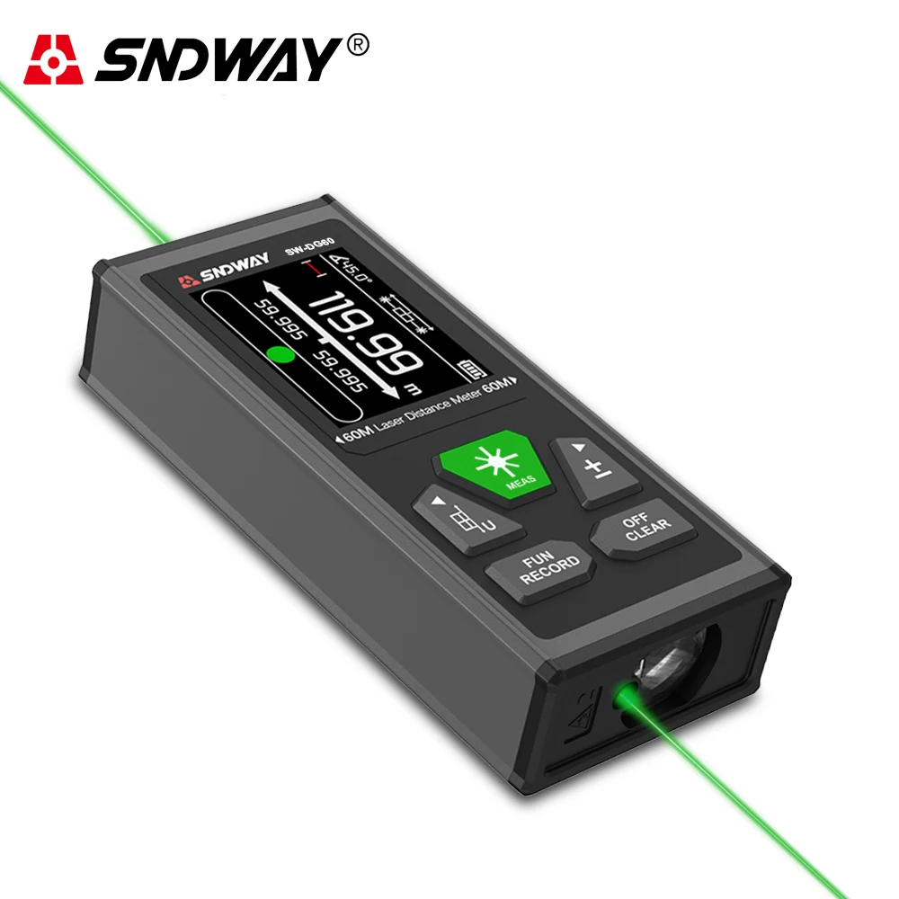 SNDWAY 듀얼 레이저 거리 계량기, 2 헤드 레이저 줄자, 녹색 레이저 양방향 거리 측정기, 120m, 200m