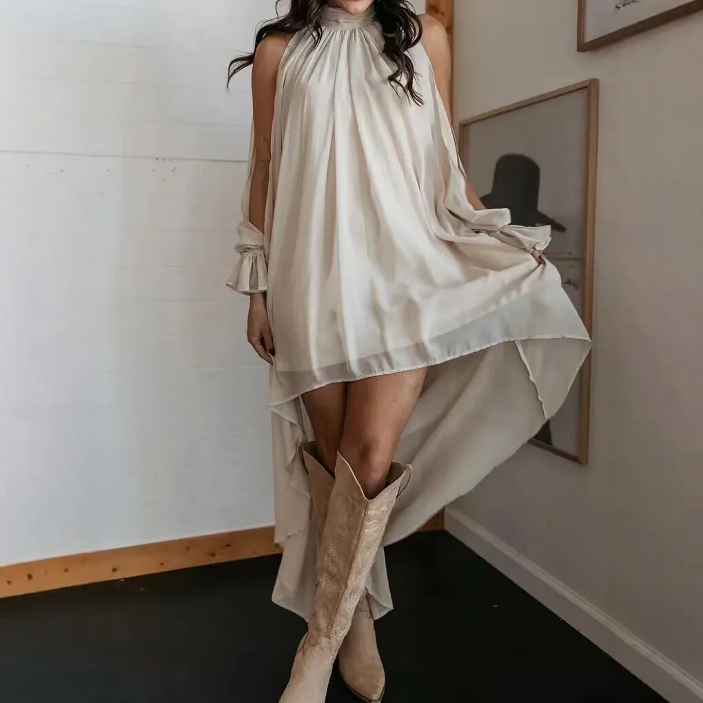 

High Collar Irregular Chiffon Dress Fashion Solid Color Off Shoulder Long Sleeves A-Line Dresses New Elegant Lace-Up Party Dress