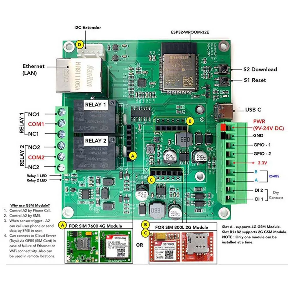 A2 ESP32 Relay Switch Board Support 4G/2G GPRS ESPHome Home Assistant Tasmota Arduino RS485 I2C Tuya Ethernet WiFi Temperature