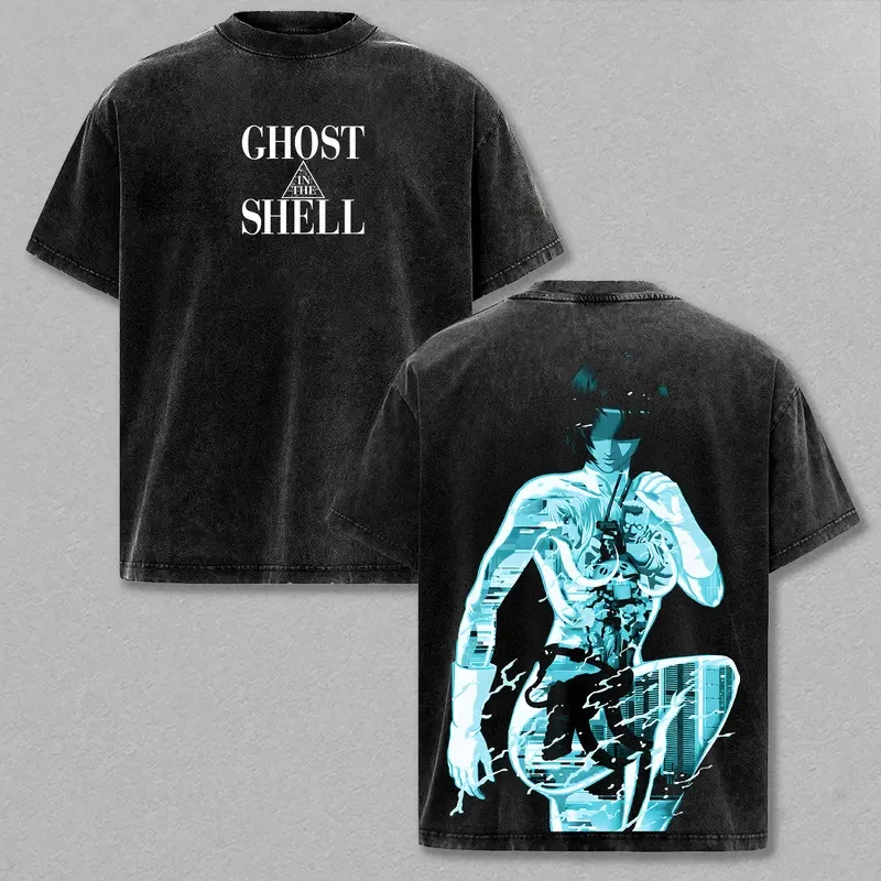 Anime The Ghost in The Shell Motoko Kusanagi Graphic T Shirt Men Women Washed Cotton Tshirts Casual Clothing Harajuku T-shirt