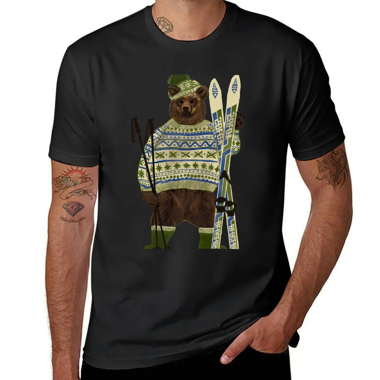 Cute Bear In Jumper With Skis T-shirt quick-drying vintage clothes plus sizes new edition t shirts for men graphic