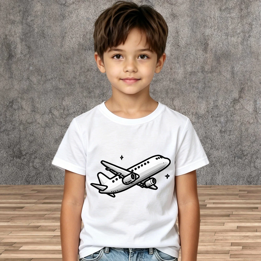 Soft Cotton Short Sleeve Tees Kids Children Crew Neck Cartoon Airplane Print T-Shirt Summer Toddler Boy Girl Wear