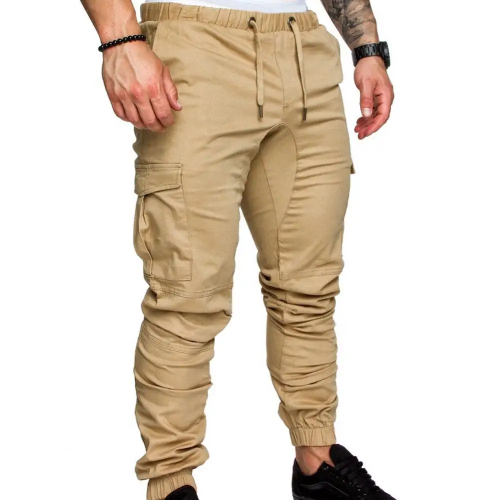 Men Casual Solid Color Pockets Waist Drawstring Ankle Tied Skinny Cargo Pants Work Trousers Outdoor Hiking Joggers Pant