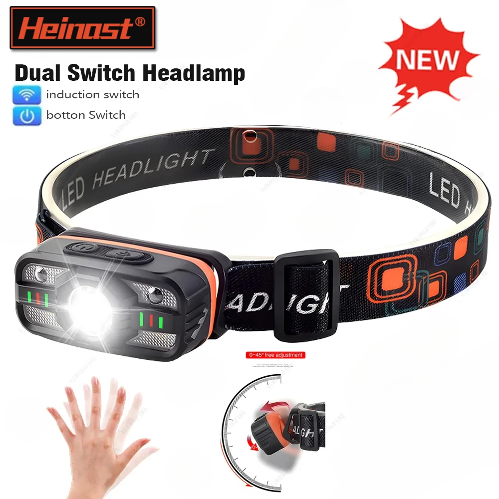 Heinast Rechargeable LED Headlamp Sensor Headlight with COB and LED Beads 6 Lighting Modes White and Red Light Fishing Light