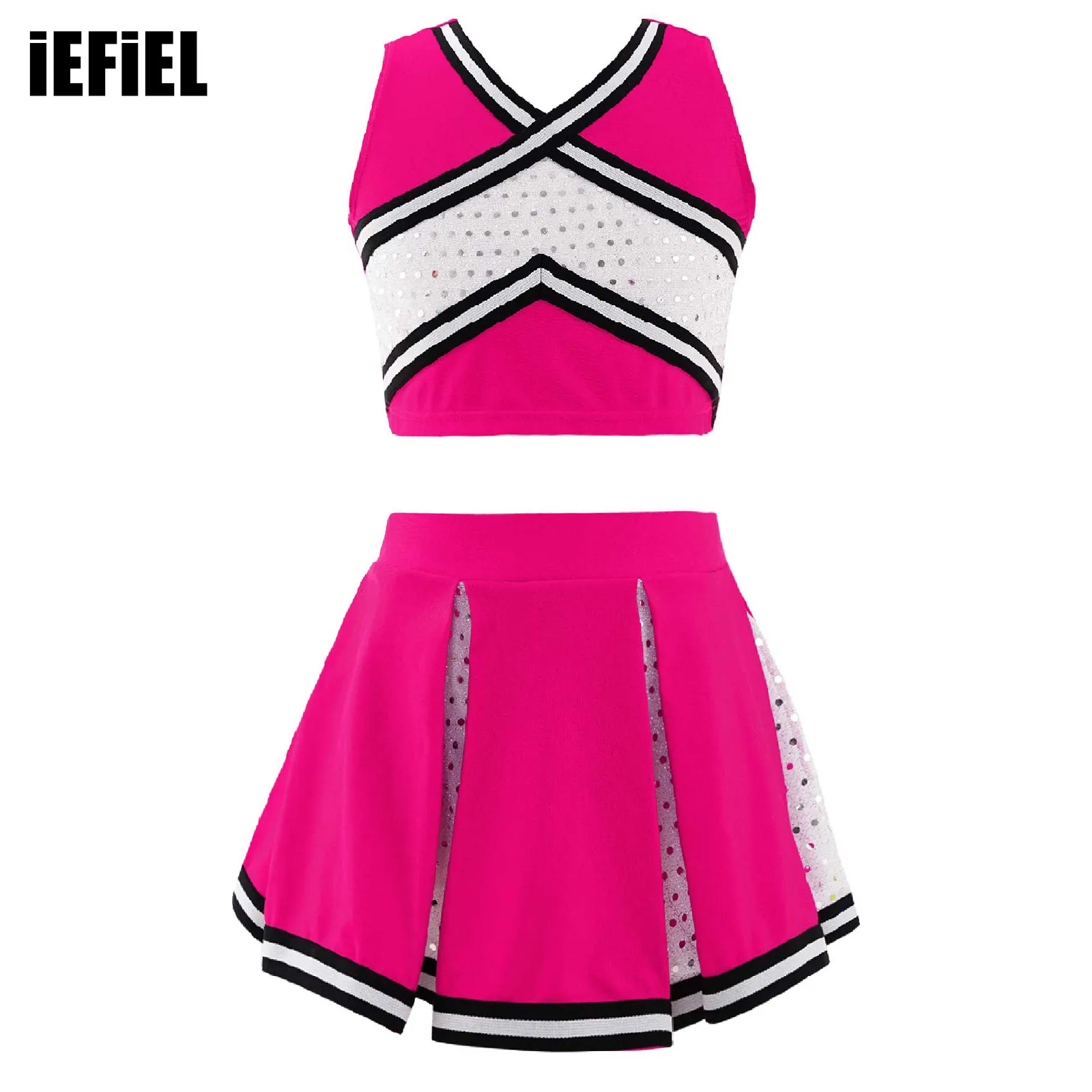 

Kids Girls Cheering Team Dance Set Sleeveless Crisscross Striped Front V Neckline Top with Elastic Waistband Skirt