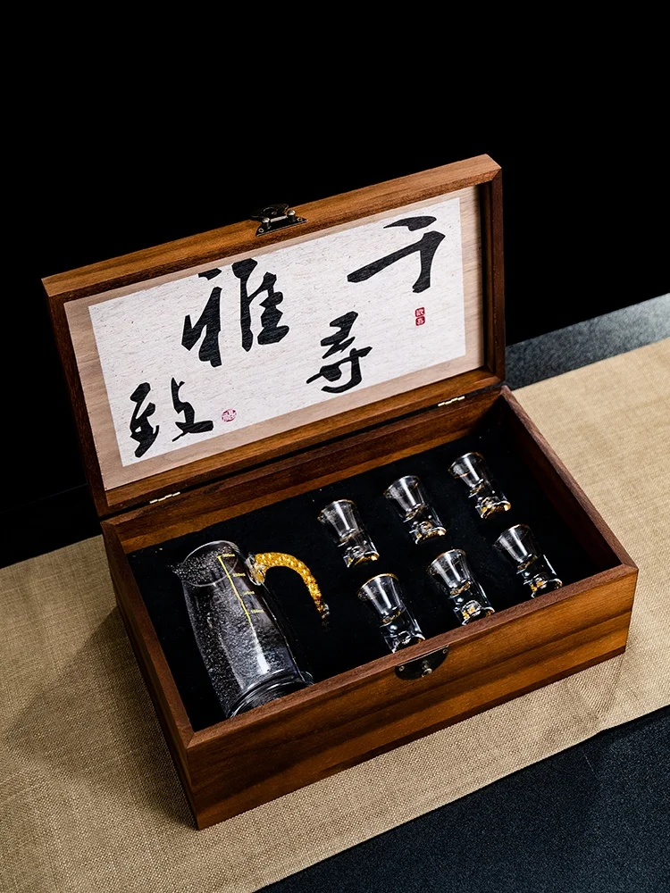 Chinese Style  Wood White Wine Cup Set with Crystal Gold Foil Dividing Pouring Cup Bullet Cup Drink Dish Home Gift view 3