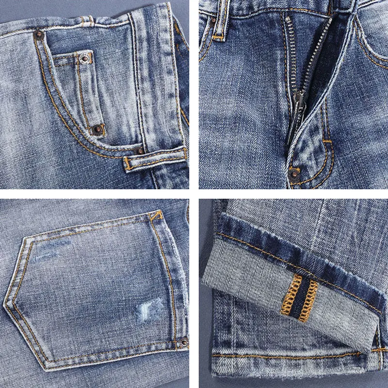 Street Fashion Men Jeans Retro Light Blue Stretch Skinny Fit Patched Ripped Jeans Men Brand Designer Vintage Denim Pants Hombre