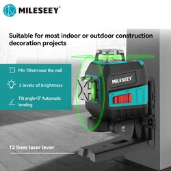 MiLESEEY-Nivel láser, herramienta de nivelación de 12 líneas y 360, 5 líneas, luz verde, ajustable, profesional, brillo