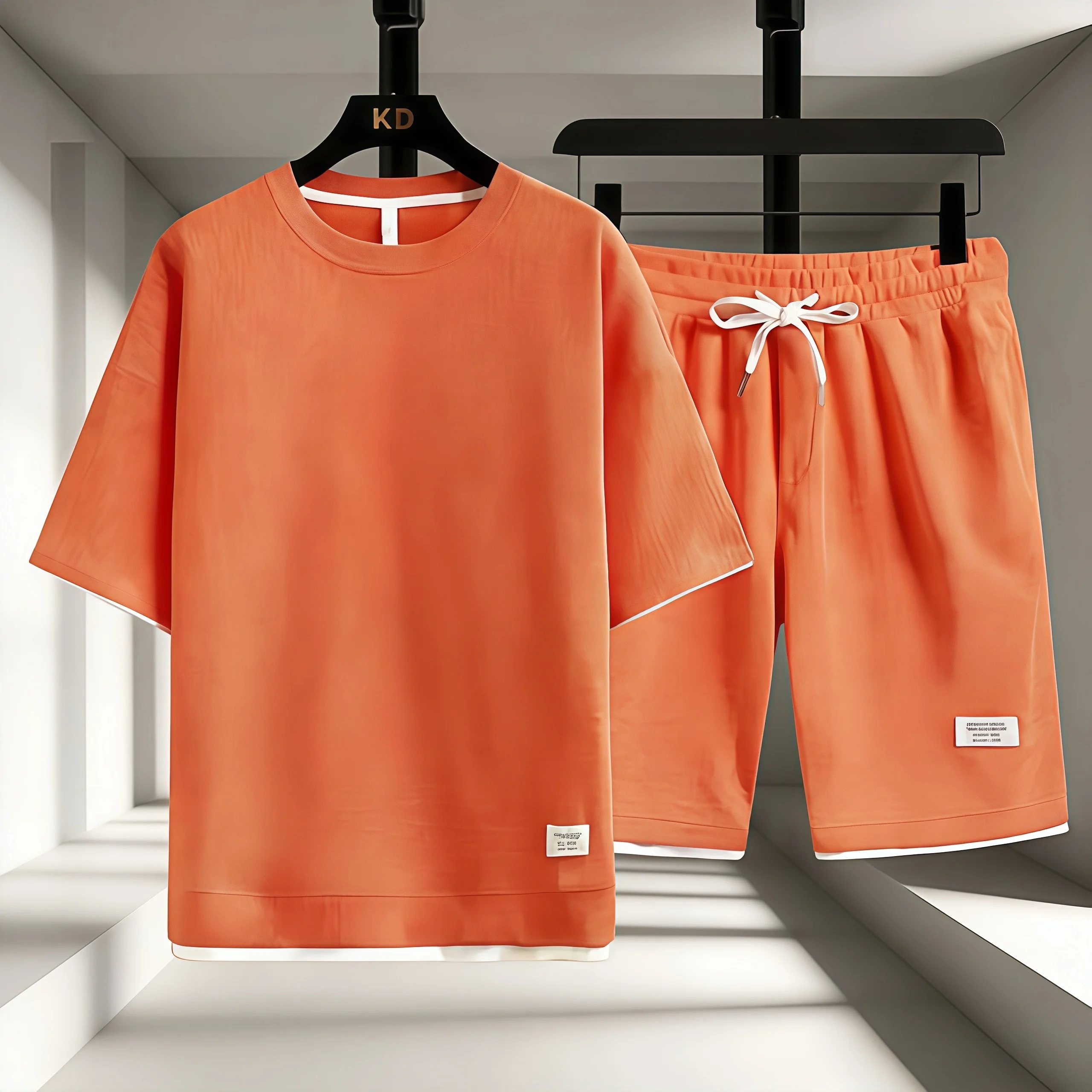 

Men's summer waffle short-sleeved t-shirt casual sports set loose faux two-piece short-sleeved T-shirts set of two pieces