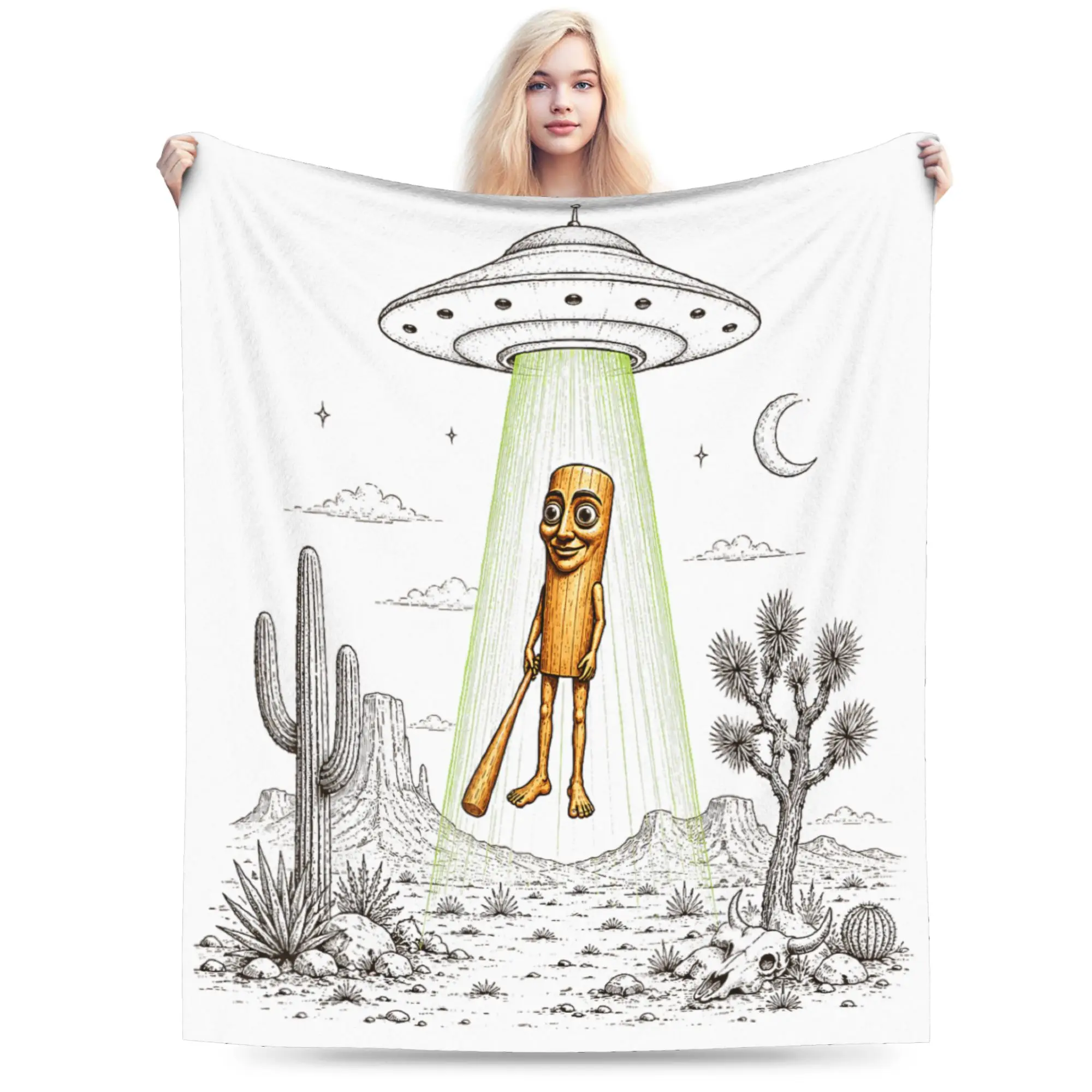 Tung Sahur and UFO Alien Abduction Desert Science Humor Bedding Throws Soft Fashion Blanket For Outdoor Travel Flannel Bedspread