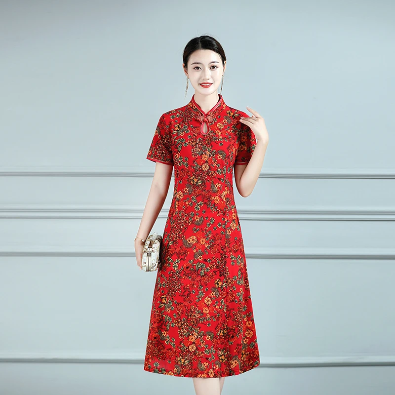 New Print Flower Dress Women Short Slim Cheongsam Chinese Traditional Stretch Dress Rayon Qipao Vestidos