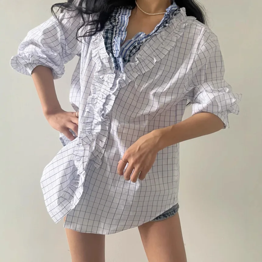 

SuperAen Summer 2025 New Style Black Fungus V-neck Design Patchwork Loose Shirt Sweet Fashion Shirts