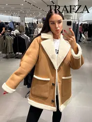 TRAFZA Winter Women's Casual Jacket Solid Color Lapel Long Sleeve Pocket Jacket Winter Retro Single-breasted Women's Warm Jacket