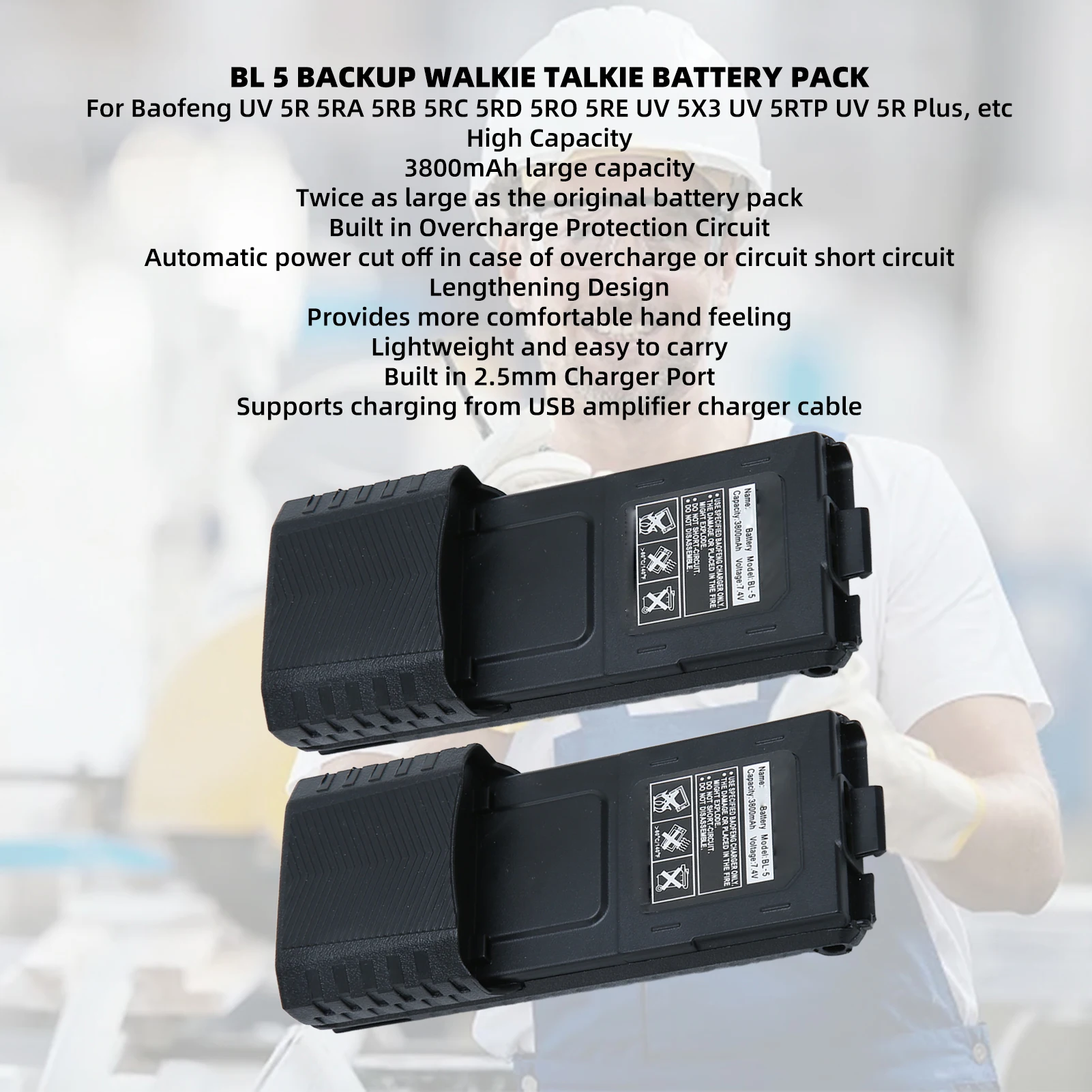 2pcs Walkie Talkie Li Ion Battery 3800mAh Replacement 2 Way Radio Battery for BAOFENG BF UV5R 5RA 5RB 5RC 5RD 5RO 5RE