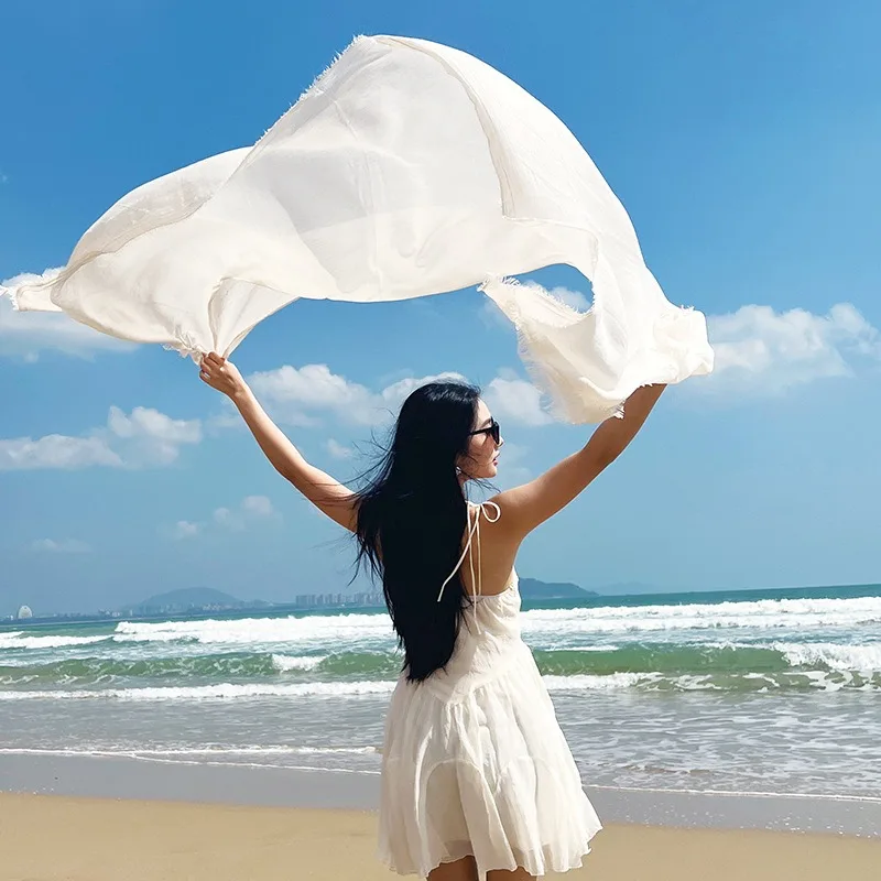 وشاح من القطن والقنب ذو إحساس متطور للربيع والصيف وشاح شاش بلون سادة للحماية من الشمس وشاح حريري طويل بسيط