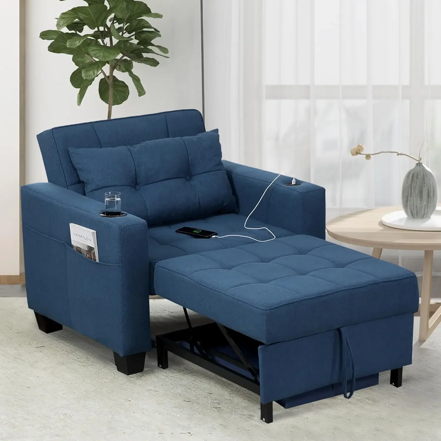 Pull Out Sleeper Chair Beds Adjustable Single Armchair Sofa Bed with USB Ports, Side Pocket, Cup Holder (Navy Blue Linen)