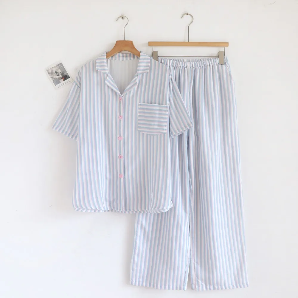 Striped Print Cotton Pajamas Woman Homewear Thin Casual 2 Piece Home Wear Summer Short Sleeve Sleepwear Loungewear Nightwear 5