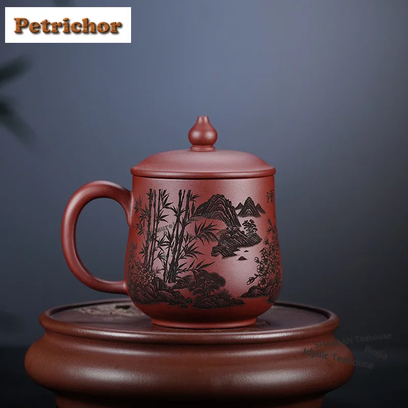 

Чайная кружка из исинской глины (380 мл) с крышкой, для кофе, в стиле Дяо Цяо Цин, для пары, с ручкой, для послеобеденного чая, персональная офисная кружка для воды, чайный набор