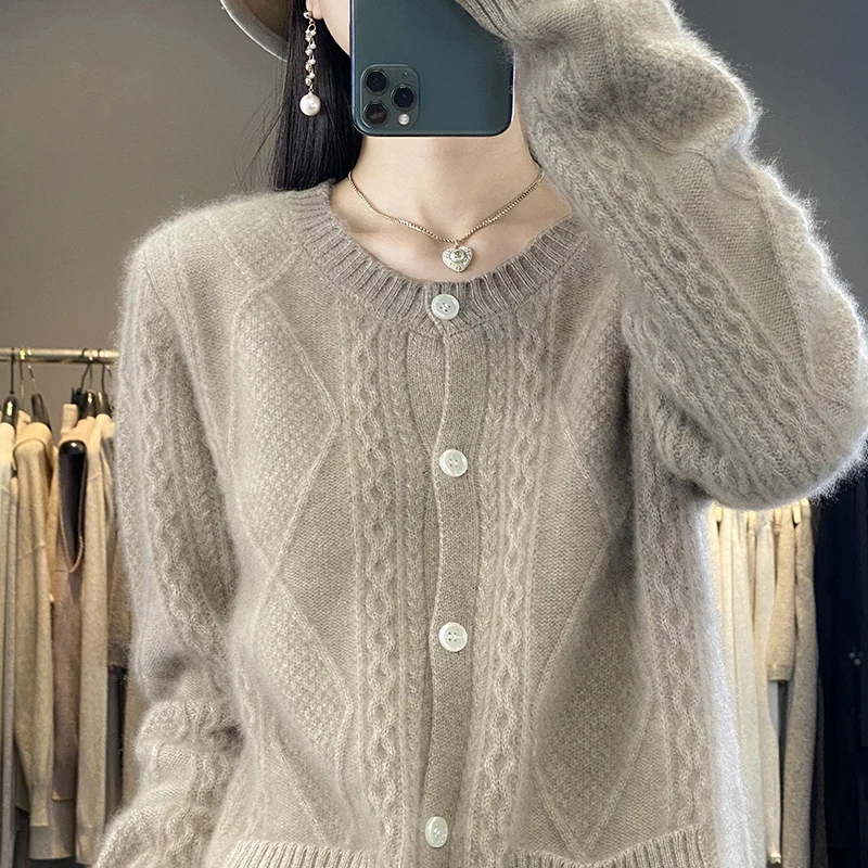 Women\'s sweater cardigan coat pure wool 2023 autumn and winter new O-neck twisted flower long sleeve high-end sweater top