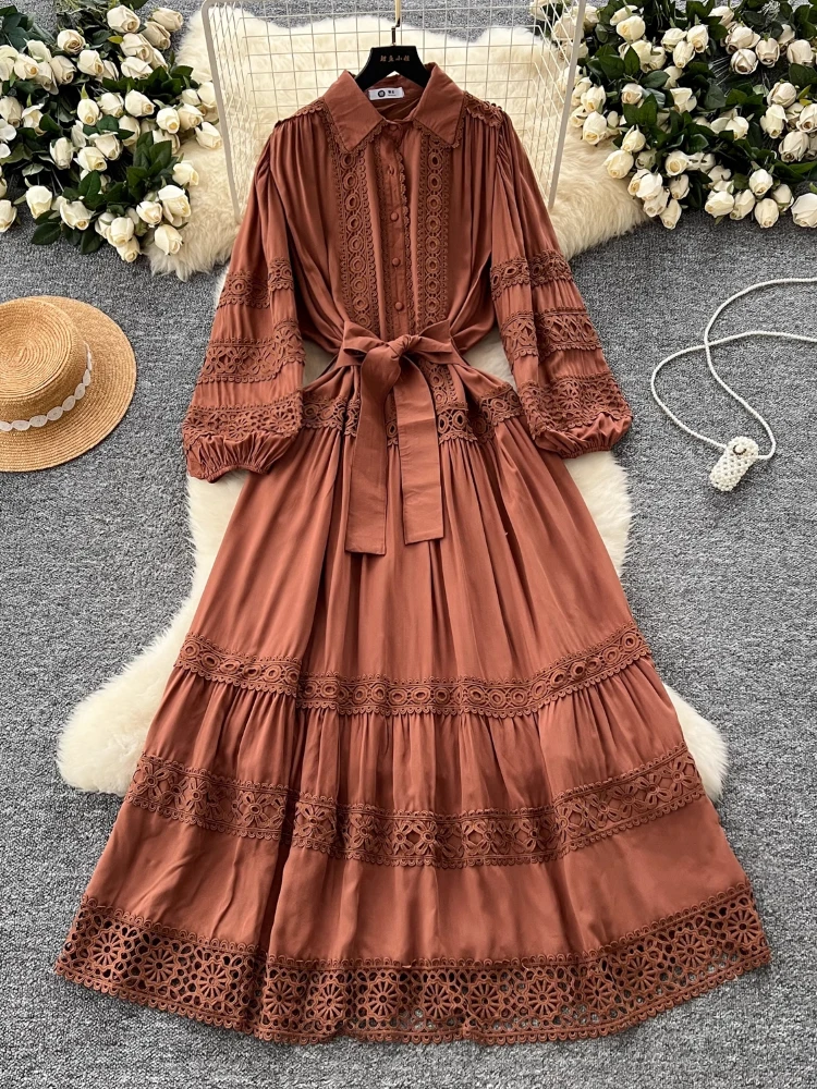 Spring France Elegant Vintage Long Evening Dress Women Hollow Out Lace Button Party Dress Female Casual Chic Festival Clothing