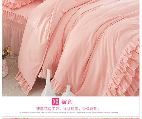 Koreanische Prinzessin Bett bezug 4 Stück Set einfarbige Rüschen Spitze Bett bezug und Kissen bezug für Mädchen Frau romantische Tages decke – Detail 5