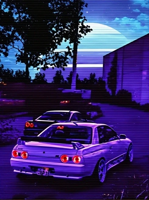Frameless Purple Skyline GT-R R32 Cars Canvas Wall Art, Synthwave Night Print for Living Room Decor