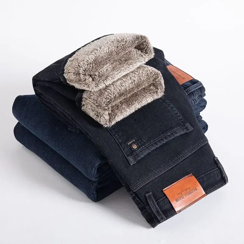 2026 Men's Fleece Lined Thicken Jeans Winter Warm Stretch Slim Fit Pants Comfortable Soft Trousers for Daily Work Wear Clothing