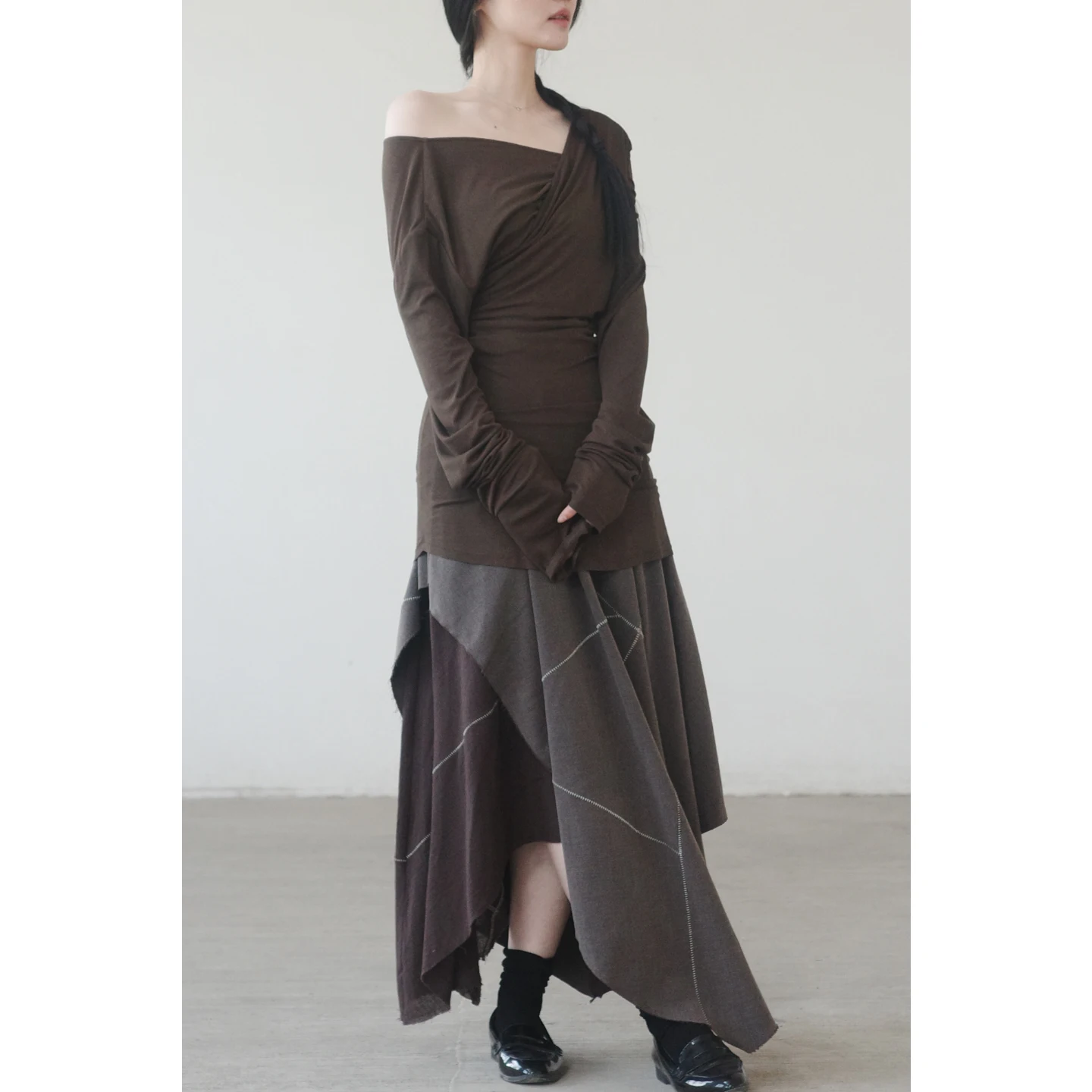 

Шерстяная асимметричная юбка с плиссировкой и топ с длинными рукавами от k Sle для женщин, весенний сезон, свободный крой, юбка миди