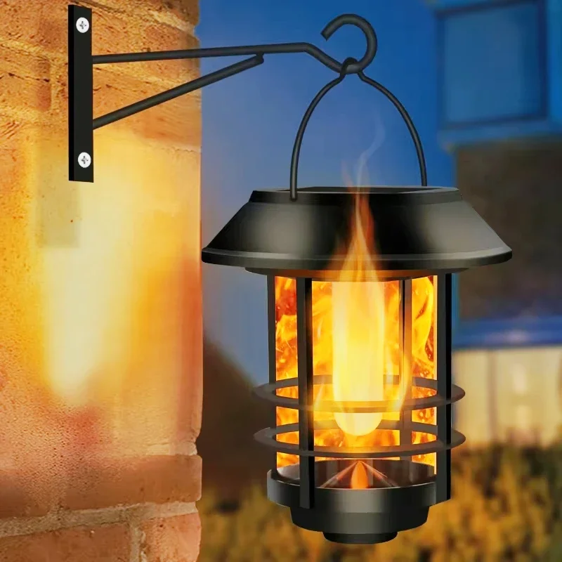 2027 2pcs Solar Hanging Lantern Outdoor Flickering Flames Waterproof Heavy Glass Stainless Solar Outdoor Light For Wall Fence Pa