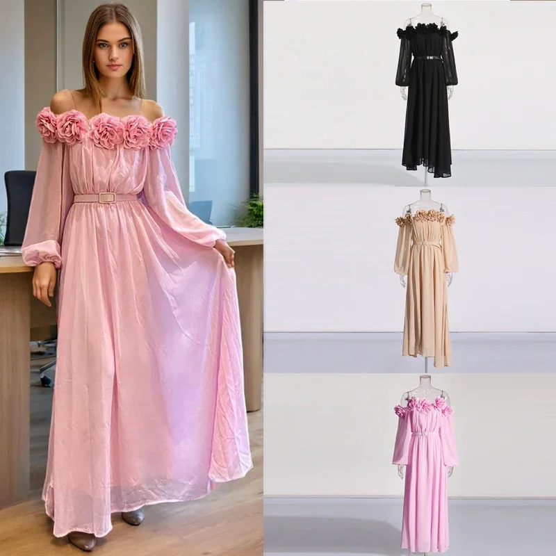 

2024 Designer French Elegant Style One-shoulder Dress Long Dress Spliced Three-dimensional Flower Decoration Long Dress