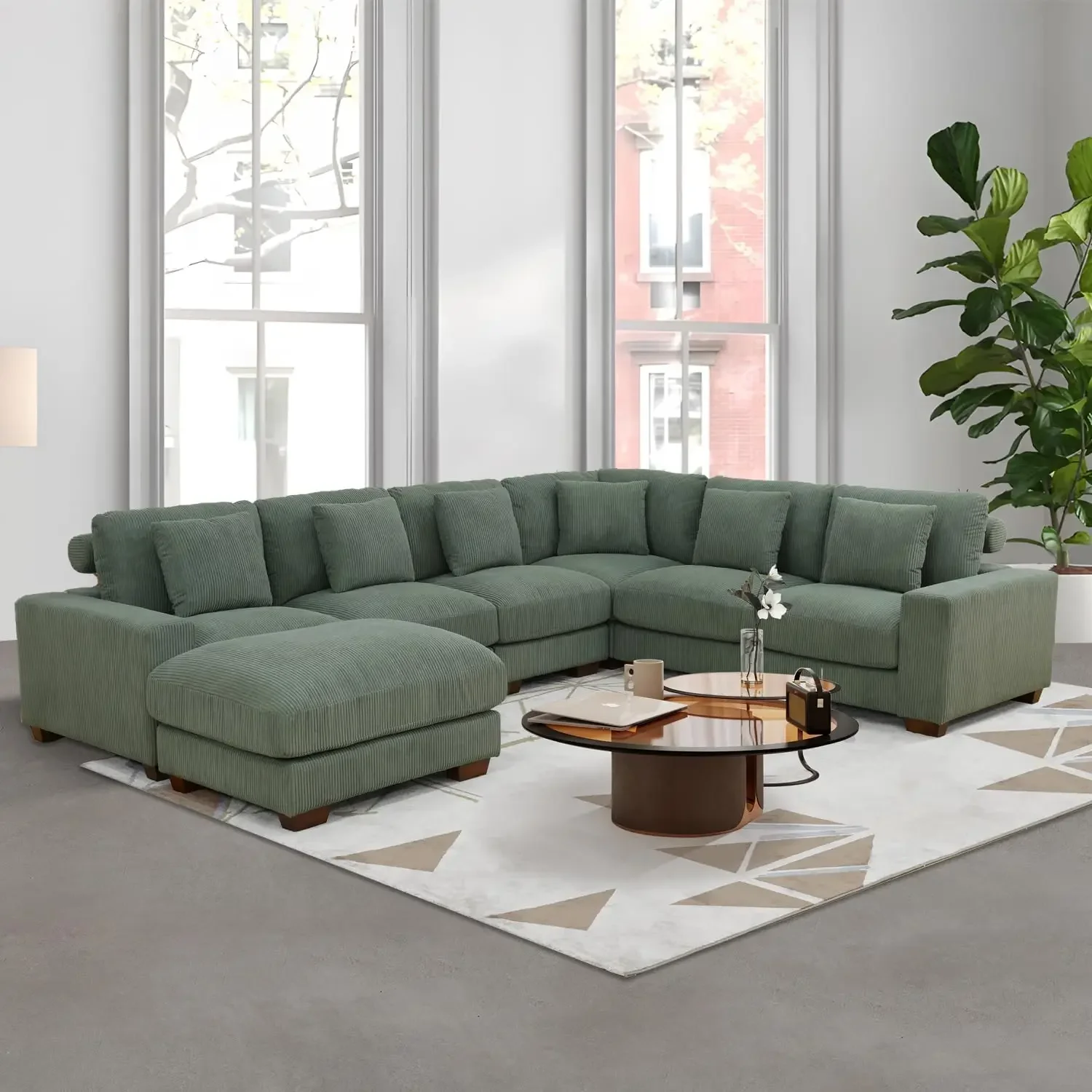 Green Corduroy Sofa Set, L-Shaped Sofa with Storage Ottoman, Left-Hand Facing Sectional Sofa Sets