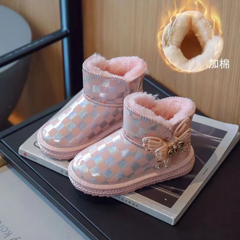 real photo Autumn And Winter New Children's Warm Cotton Shoes Waterproof Leather Surface Medium And Large Children's Snow Boots