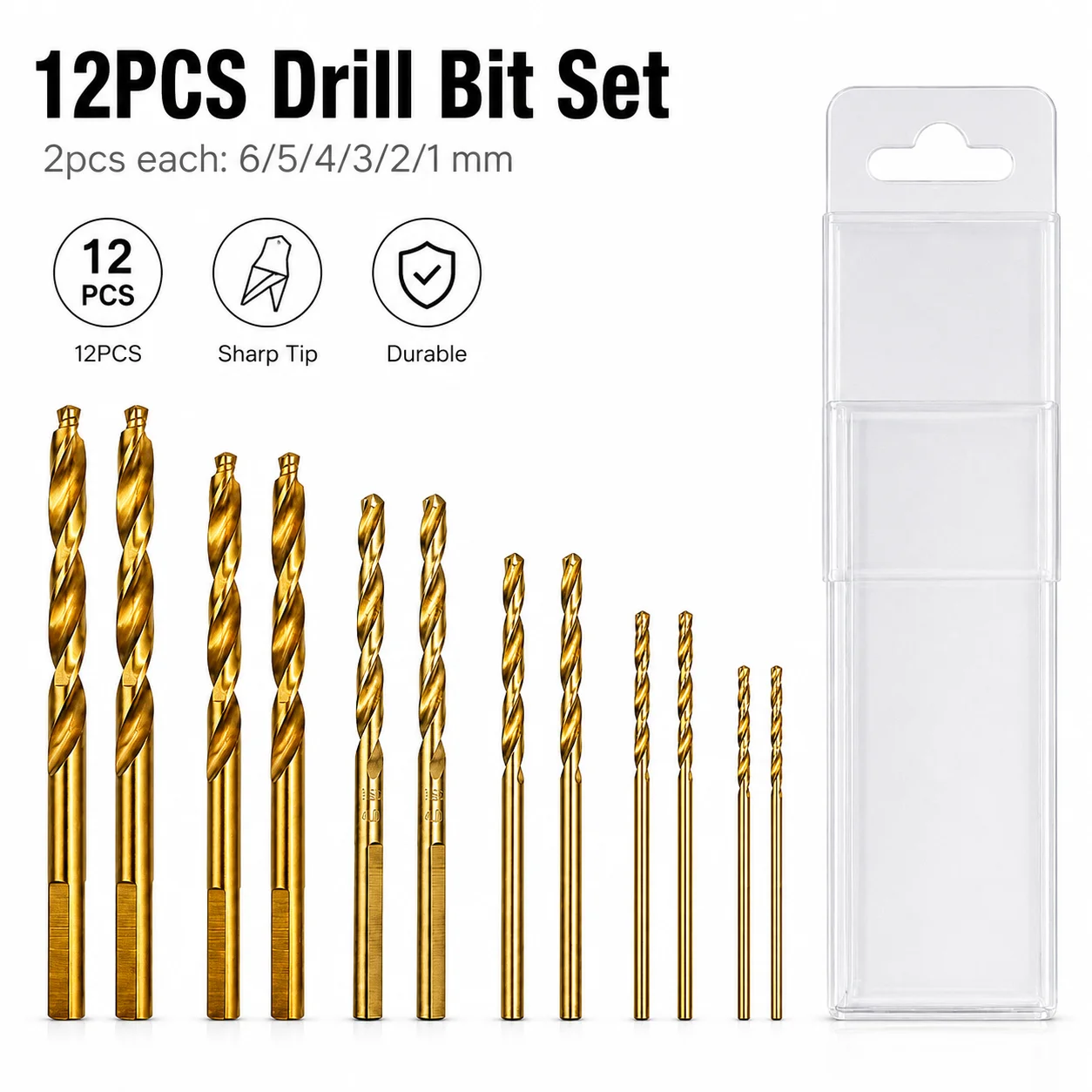 12Pcs Titanium Coated Twist Drill Bits 1-6mm Hex Shank HSS Drill Set Sharp Drilling Bits for Metal Wood Plastic DIY Tools