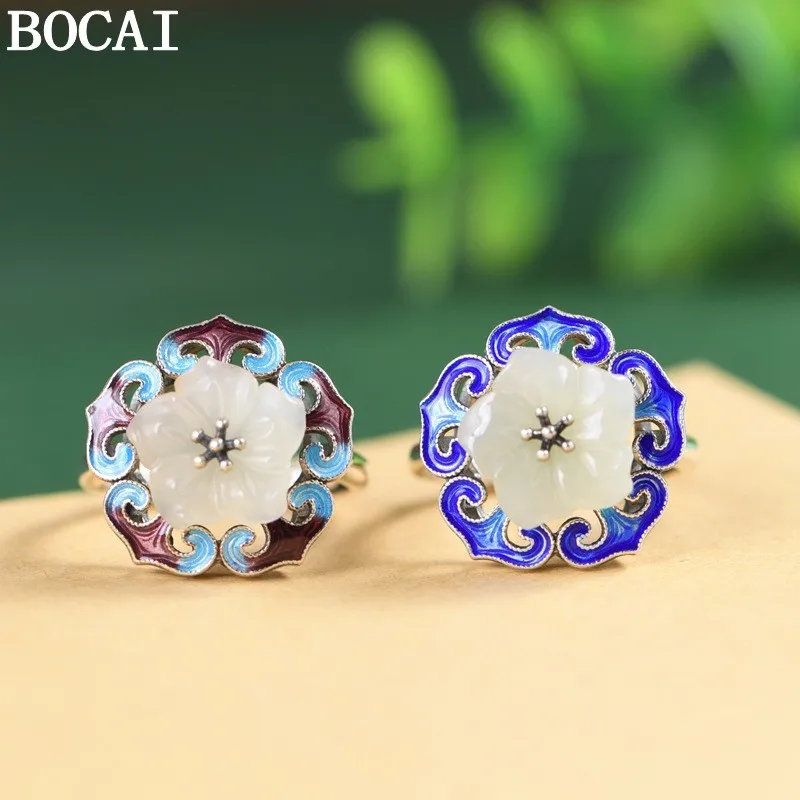 

BOCAI New S925 sterling silver retro elegant, cloisonne, set with Hotan Jade, flowers, open Ring Lady's Choice Gift