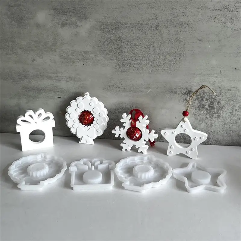 Natal Pendurado Ornamento Moldes, Snowflake Estrela Gesso Mold, Oco Xmas Tag, Silicone Wreath Pingente, Presente de Natal