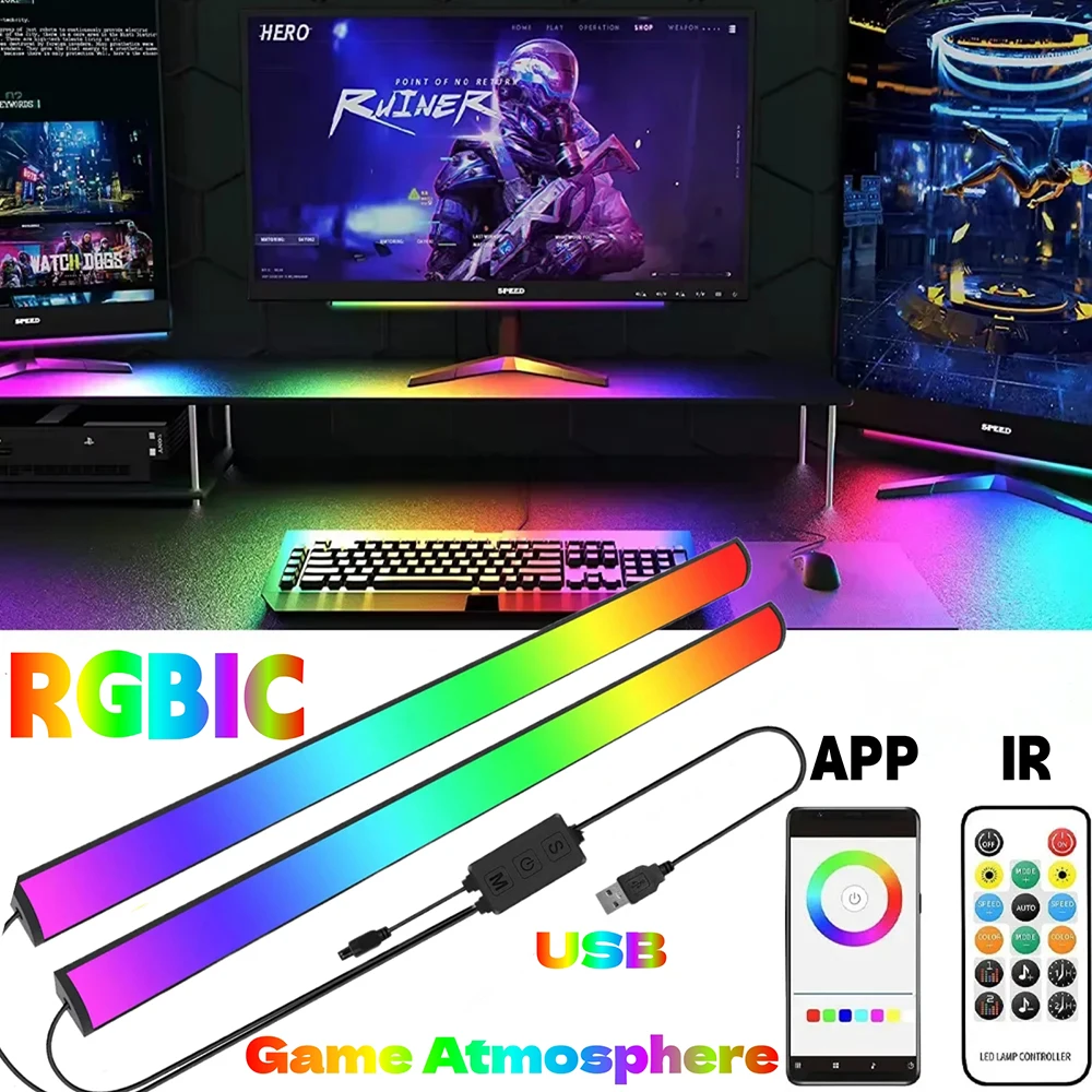 RGB LED Light Bar for Gaming PC 1 2 Dual Rigid Lamp Bluetooth Music Sync 20key Remote Control Immerse Game Battle Station