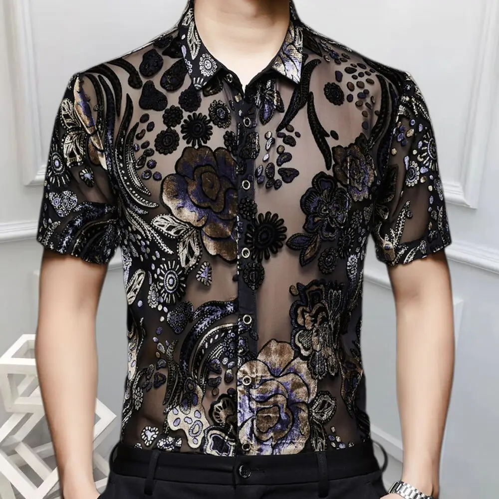 Floral Jacquard Shirt Short Sleeve Summer Sexy Prom Transparent Shirt Camisa Masculina Chemise Homme Flower See Through Shirt