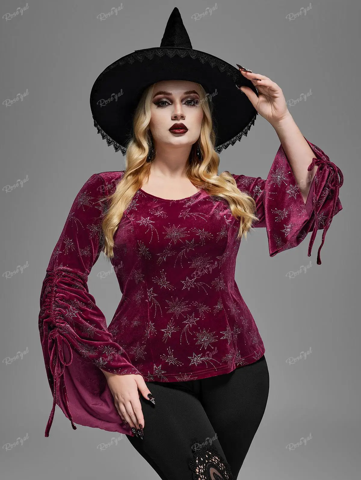 ROSEGAL Plus Size gotyckie aksamitne koszulki damskie wiosenne jesienne wino czerwone bluzki z nadrukiem w gwiazdki ściągane rozszerzone rękawy topy