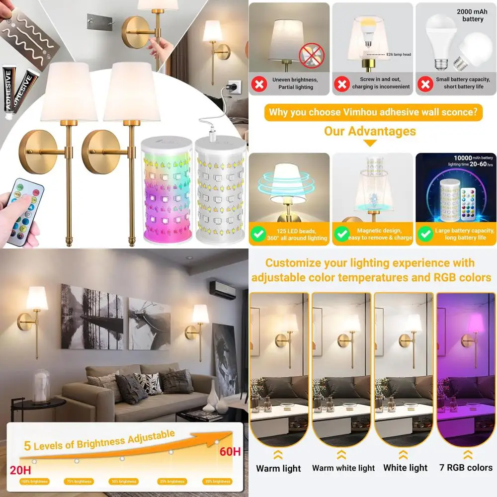 

Беспроводное перезаряжаемое настенное бра с откидной и палкой, светодиодная лампа на батарейках для декора спальни (золото, 20)