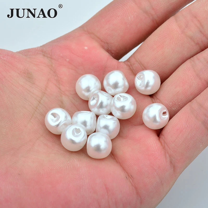 JUNAO 8mm 10m 12mm White Pearl Buttons Sewing Rhinestone Button Decorative Round Plastic Button Pearl Applique for Dress