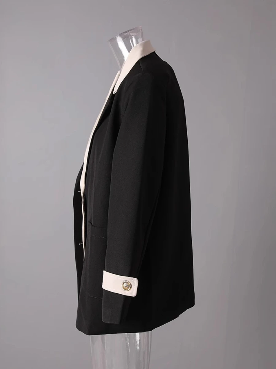 CHICEVER Blazer primaverili larghi di colore di successo per le donne Colletto dentellato Manica lunga Patchwork monopetto Cappotti casual Stile femminile