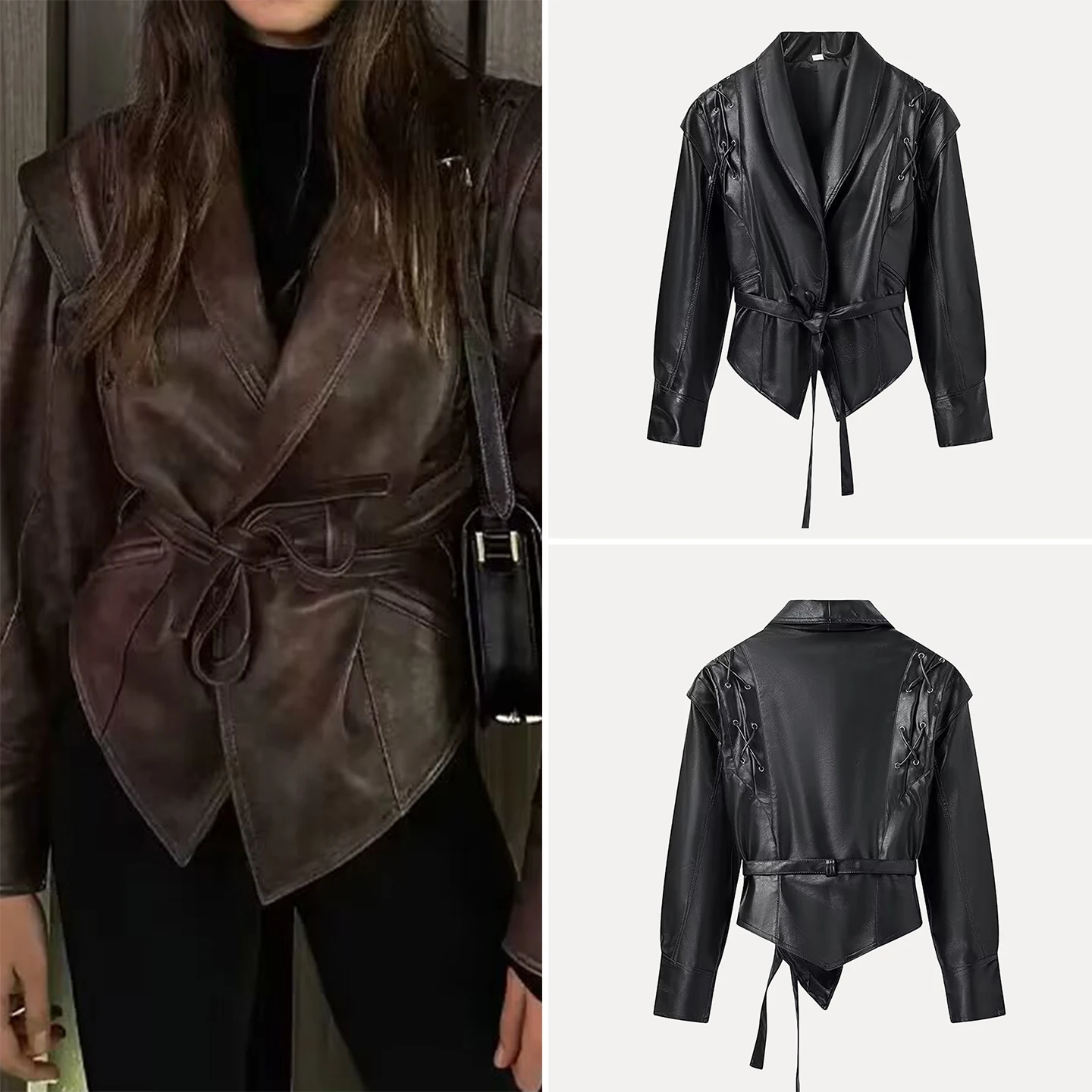 Ele Retro Leather Jaet Women's Faion Personali Aosphere Autumn New Arrival ort Outerwear Casual Sle Z