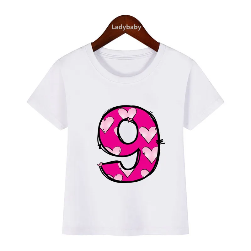 Pink Heart Number Bow Happy Birthday Kids T shirt 1 2 3 4 5 6 7 8 9 Years Girls Clothes Summer Short Sleeve Baby Boys T-Shirts