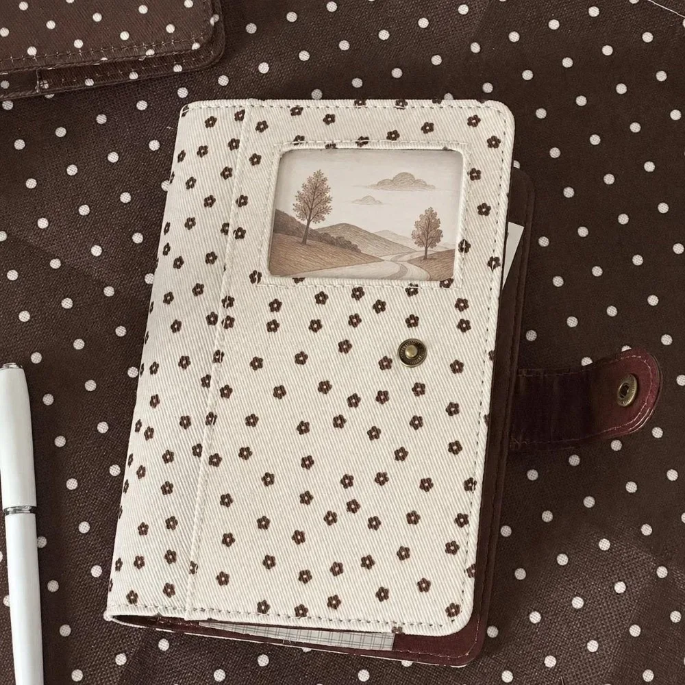 Polka Dot Print A7 Binder Notebook Fabric Cover Snap Button Closure Loose Leaf Journal DIY Planner Book School Office